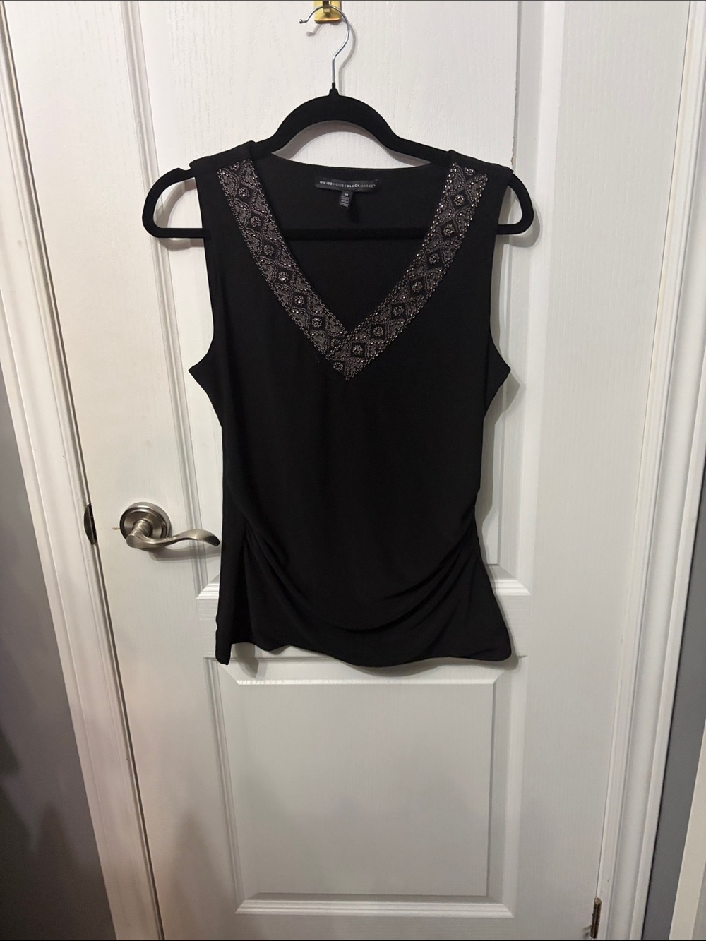 White House Black Market Black Sleeveless Top with Beaded V-Neck